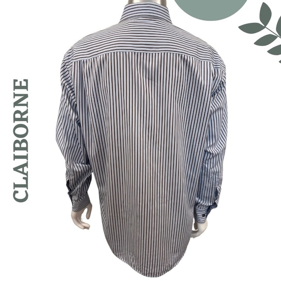 🛍️3/$40 CLAIBORNE Men’s Striped Dress Shirt Classic Blue Brown - Size 16 - Picture 4 of 7